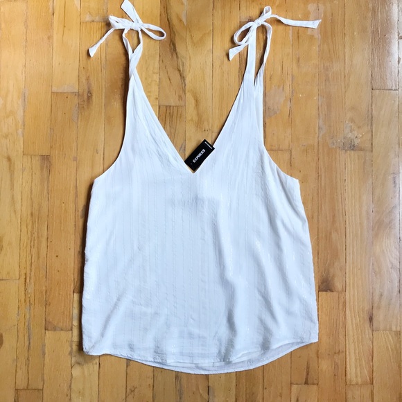 Express Gold Metallic Striped Tie Strap Shoulder White Tank S NWT - Picture 3 of 4